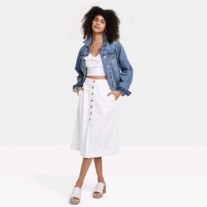 White Button Front Midi Skirt